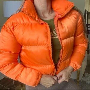 SHEIN Orange Full Zip Collared Cropped Puffer Jacket Coat Padded Cold Winter S